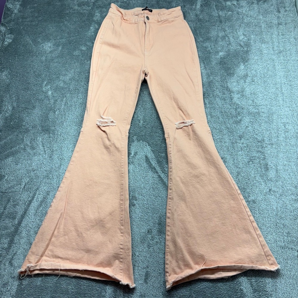 SHEIN Flare Jeans Women Size 8 Peach Good‎ Distressed High Waist Wide Leg Denim